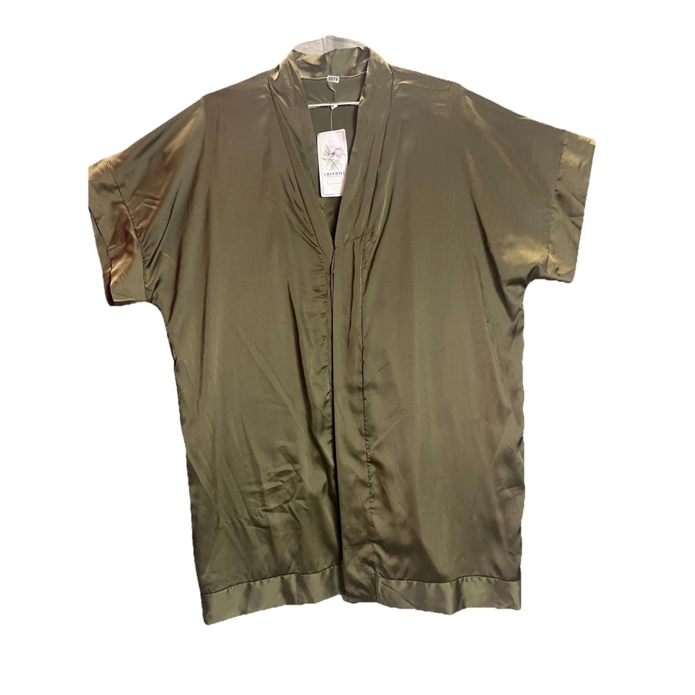 BTFBM Womens Olive Green Satin Kimono Cardigan Open Front Short Sleeve Large NWT